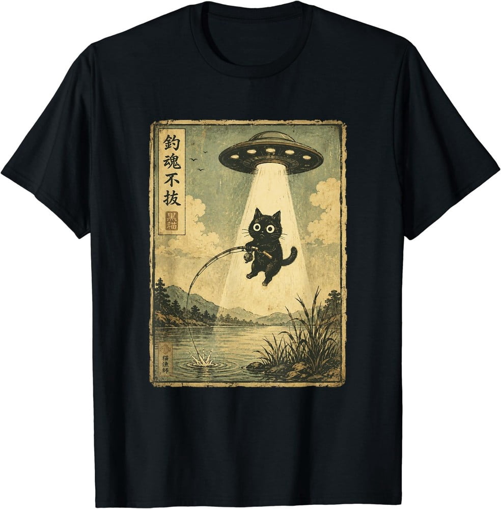 Vintage Japanese Fishing Cat UFO Abduction Men Women T-Shirt