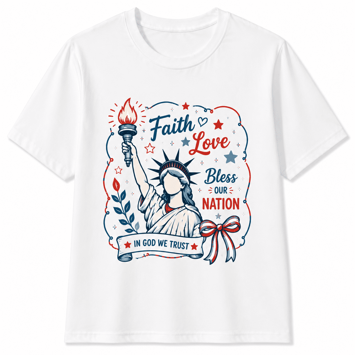 Vintage Patriotic Faith Graphic Tee, Classic Lady Liberty Flame Torch American Star Ribbon Bow Faith Love Bless Our Nation In God We Trust Slogan Print Short Sleeve Fourth Of July Casual Top