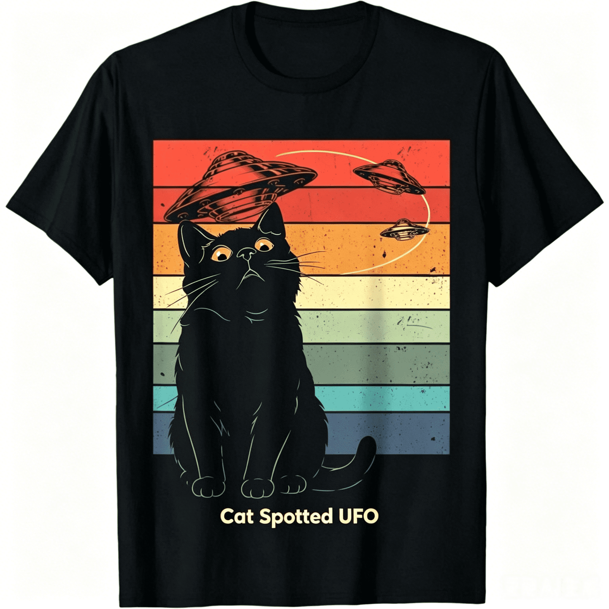 Vintage Rainbow Striped UFO Space Cat Graphic T-Shirt, Funny Surprised Black Kitten Casual Short Sleeve Cotton Tee for Cat & UFO Lovers