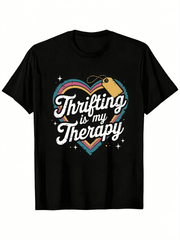 Vintage Thrifting Is My Therapy Graphic T‑Shirt, Retro Heart Tag Print Crewneck Short Sleeve Tee for Thrift Lovers Casual Wear