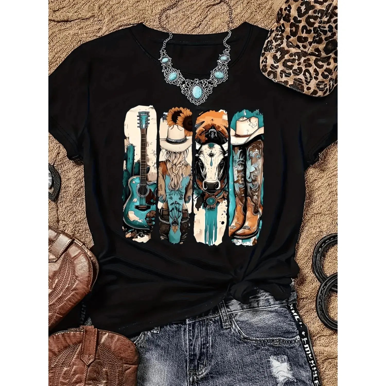 Vintage Western Cowboy Graphic T-Shirt For Women Featuring Boots Hats And Guitar Design In Soft Breathable Fabric Perfect For Casual Summer Wear