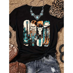 Vintage Western Cowboy Graphic T-Shirt For Women Featuring Boots Hats And Guitar Design In Soft Breathable Fabric Perfect For Casual Summer Wear