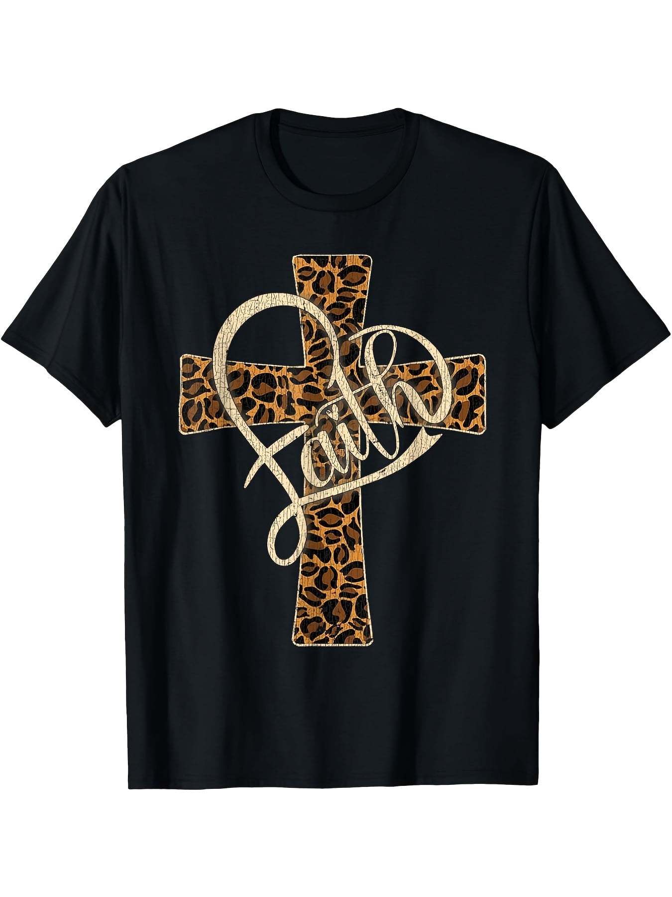 Western Leopard Faith Cross Unisex T-Shirt, All Season Religious Graphic Top, Casual Daily Apparel For Faith Followers And Leopard Pattern Fans