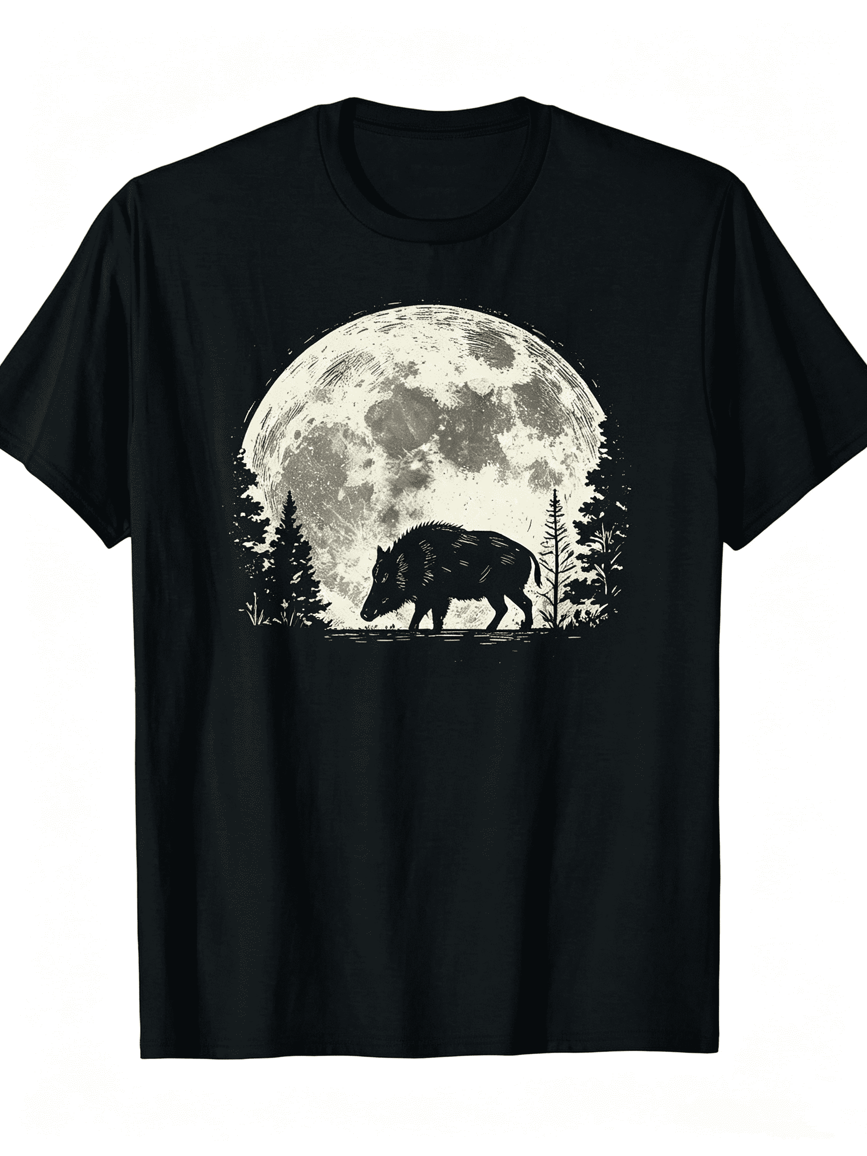 Wild Boar & Moon Night Forest Design - Short Sleeve Tee for Outdoor Hunting & Casual Wear,  Round Neck TShirt