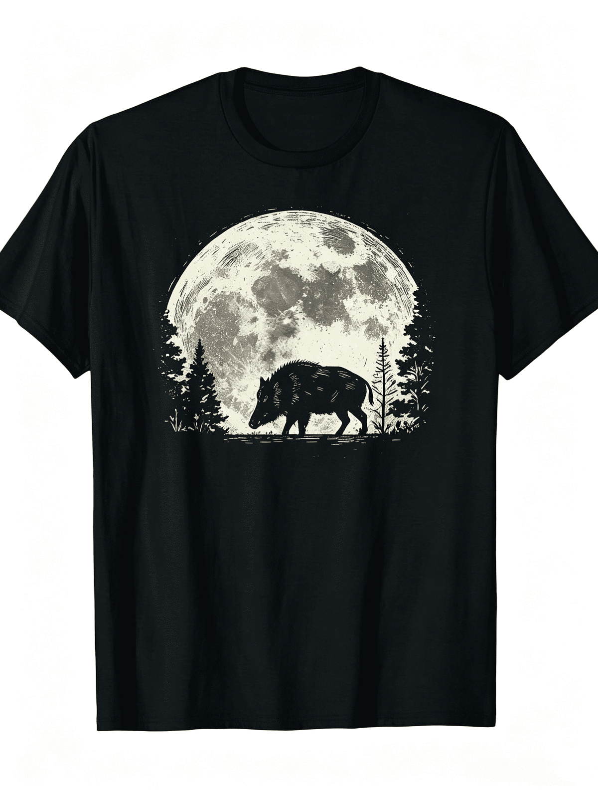 Wild Boar & Moon Night Forest Design - Short Sleeve Tee for Outdoor Hunting & Casual Wear,  Round Neck TShirt
