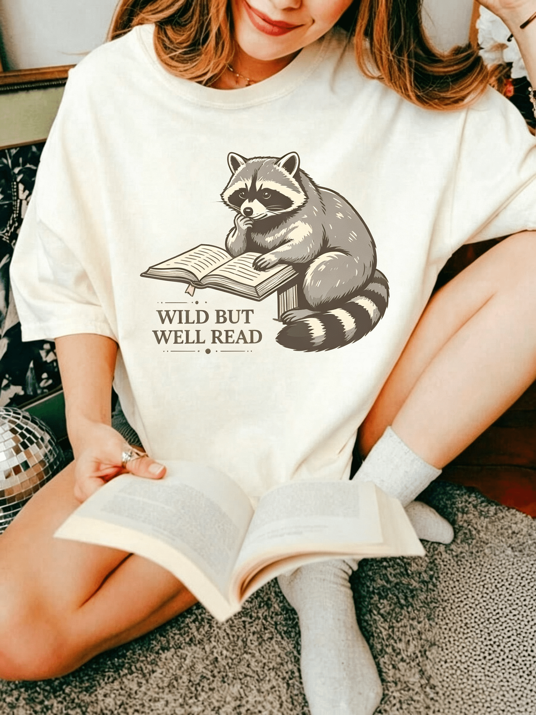 Wild But Well Read Cute Raccoon Reading Book Graphic Tshirt Book Lover Bookworm Reader Gift Casual Everyday Crew Neck Tee