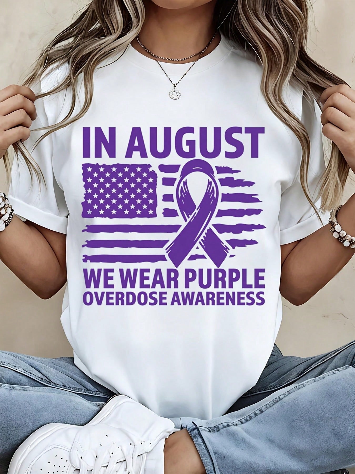 Women Casual T Shirt White In August We Wear Purple Overdose Awareness Ribbon American Flag Print Summer Streetwear Top