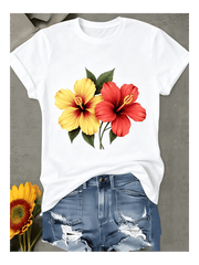 Women Clothes Hibiscus Print Black TShirt, Unisex Casual Crew Neck Tshirt