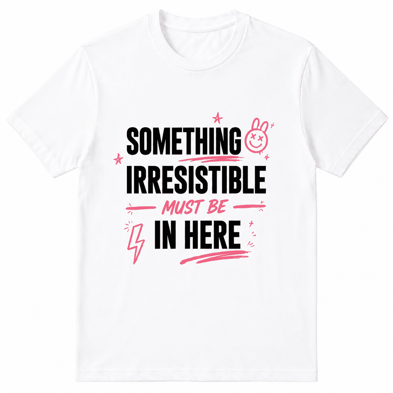 Women Crew Neck Short Sleeve Cotton T-Shirt, Something Irresistible Must Be In Here Pink Doodle Bunny Lightning Star Graffiti Letter Graphic Relaxed Fit Daily Casual Tee