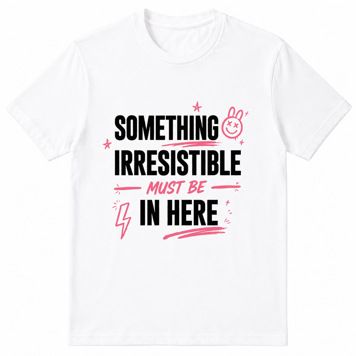 Women Crew Neck Short Sleeve Cotton T-Shirt, Something Irresistible Must Be In Here Pink Doodle Bunny Lightning Star Graffiti Letter Graphic Relaxed Fit Daily Casual Tee