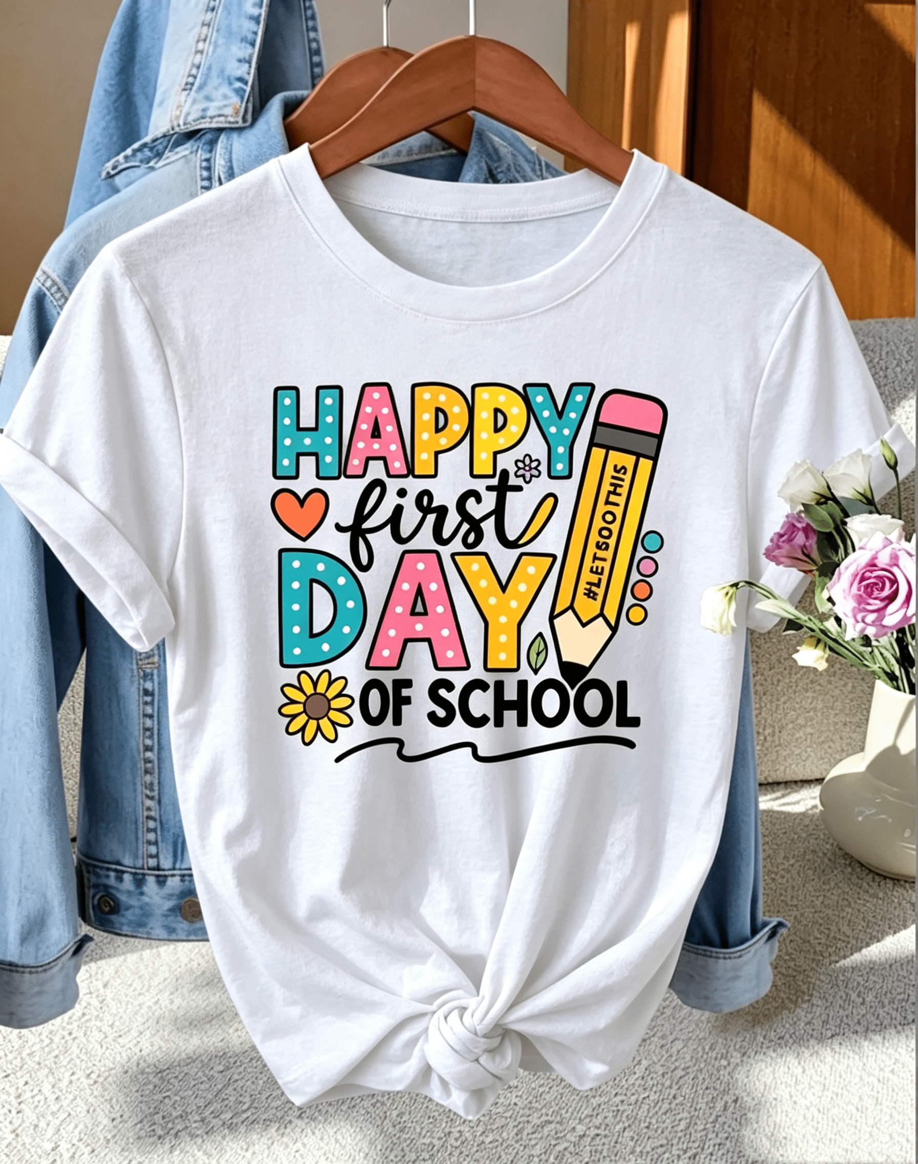 Women Crew Neck Short Sleeve T‑Shirt, Happy First Day Of School Back To School Graphic Print Tee, Casual Seasonal Holiday Top for Back‑to‑School Outfit