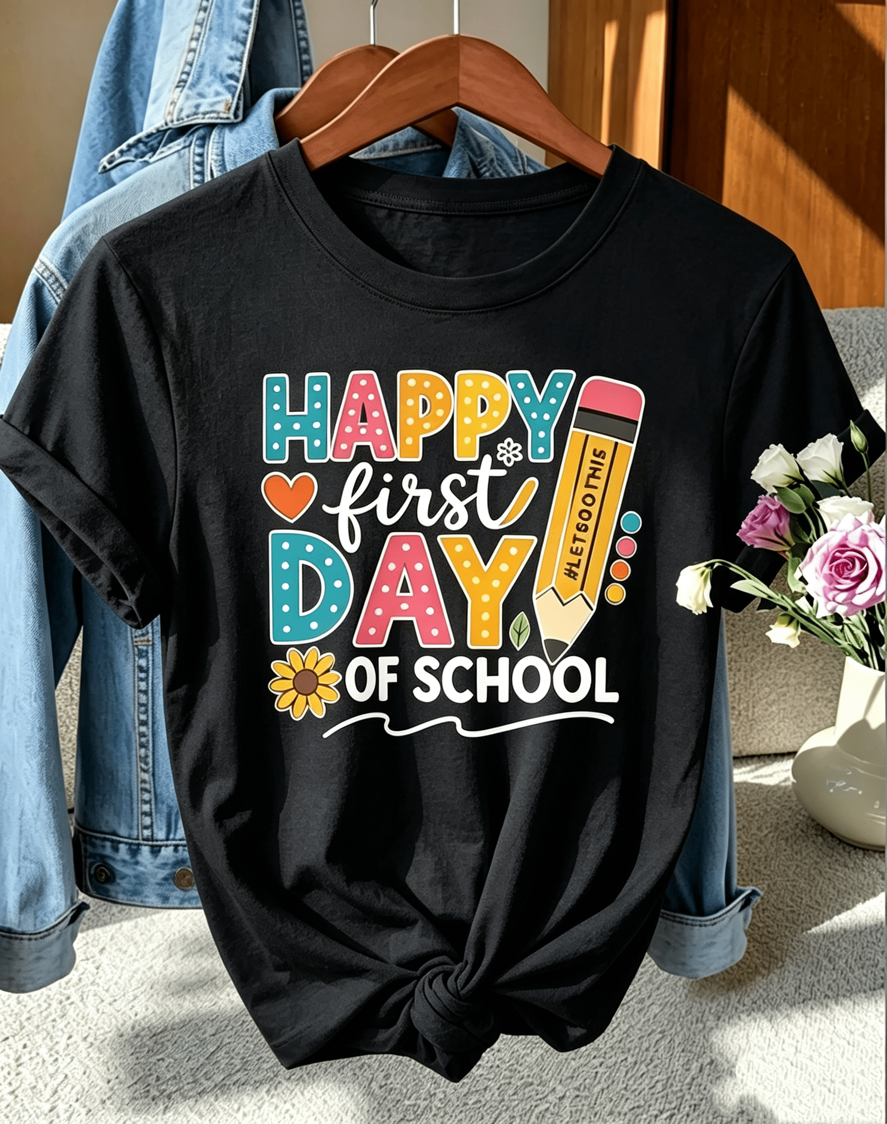 Women Crew Neck Short Sleeve T‑Shirt, Happy First Day Of School Back To School Graphic Print Tee, Casual Seasonal Holiday Top for Back‑to‑School Outfit