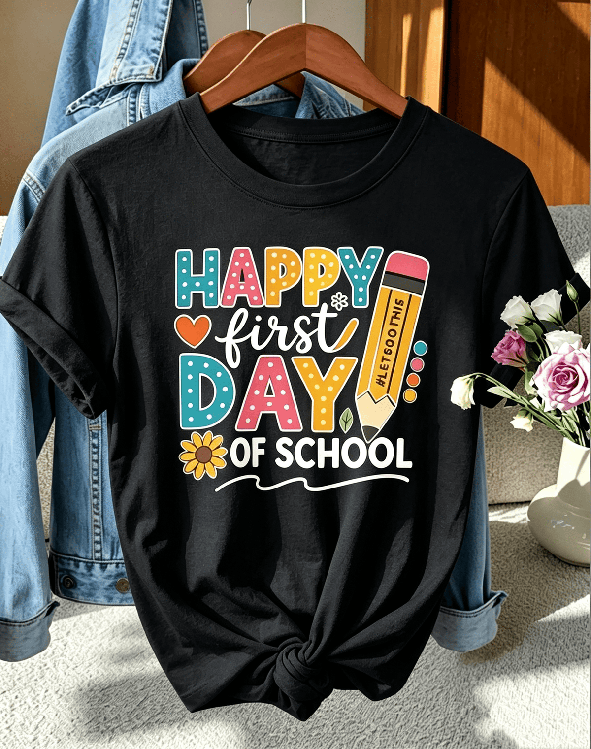 Women Crew Neck Short Sleeve T‑Shirt, Happy First Day Of School Back To School Graphic Print Tee, Casual Seasonal Holiday Top for Back‑to‑School Outfit
