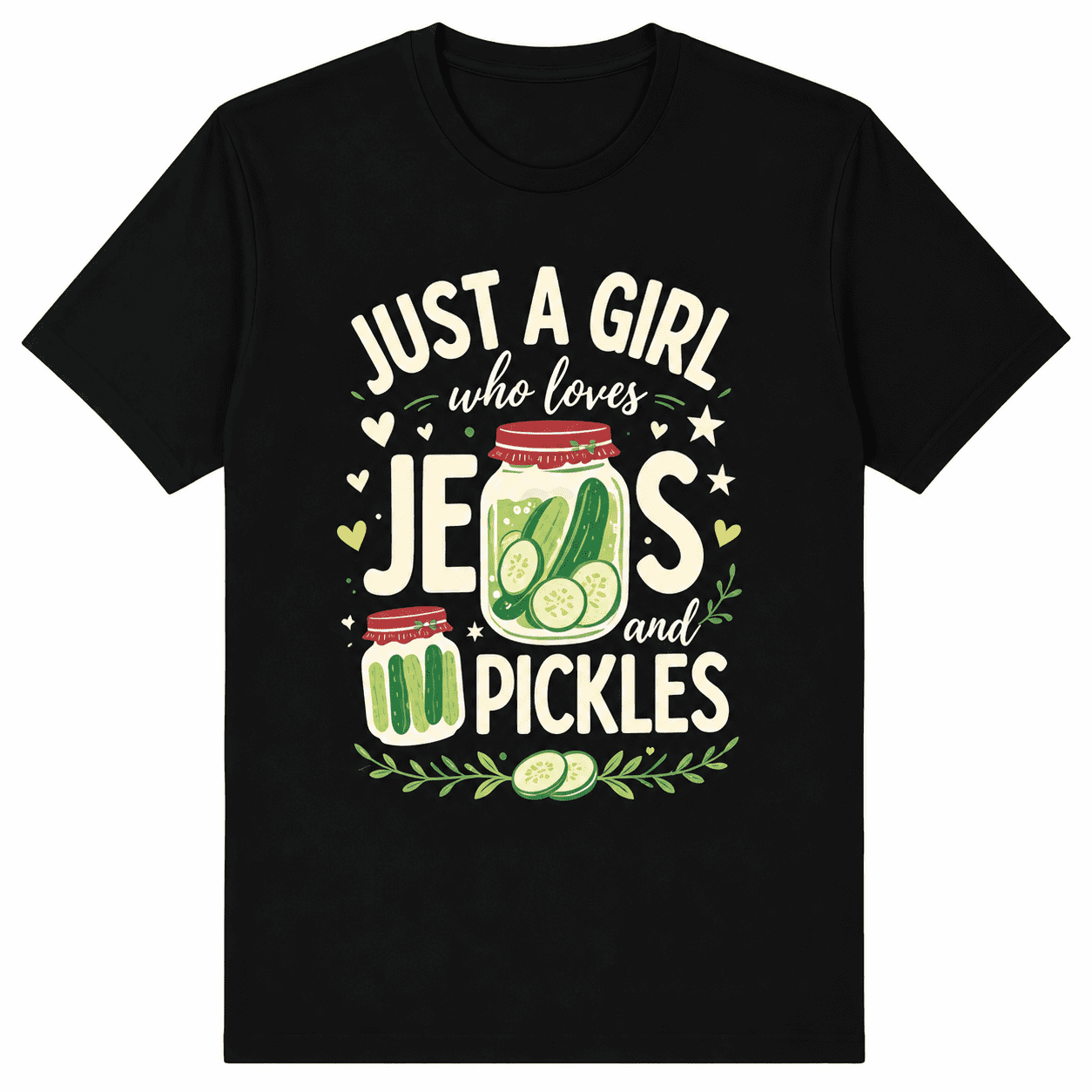 Women Crew Neck Soft Cotton T-Shirt, Just A Girl Who Loves Jesus And Pickles Vintage Pickle Jar Heart Star Leaf Christian Graphic Relaxed Fit Daily Casual Tee