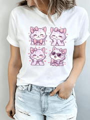 Women Cute Purple Kitten 4 Panel Graphic T-Shirt, Lovely Bow Cat Heart Cartoon Short Sleeve Crew Neck Casual Tee