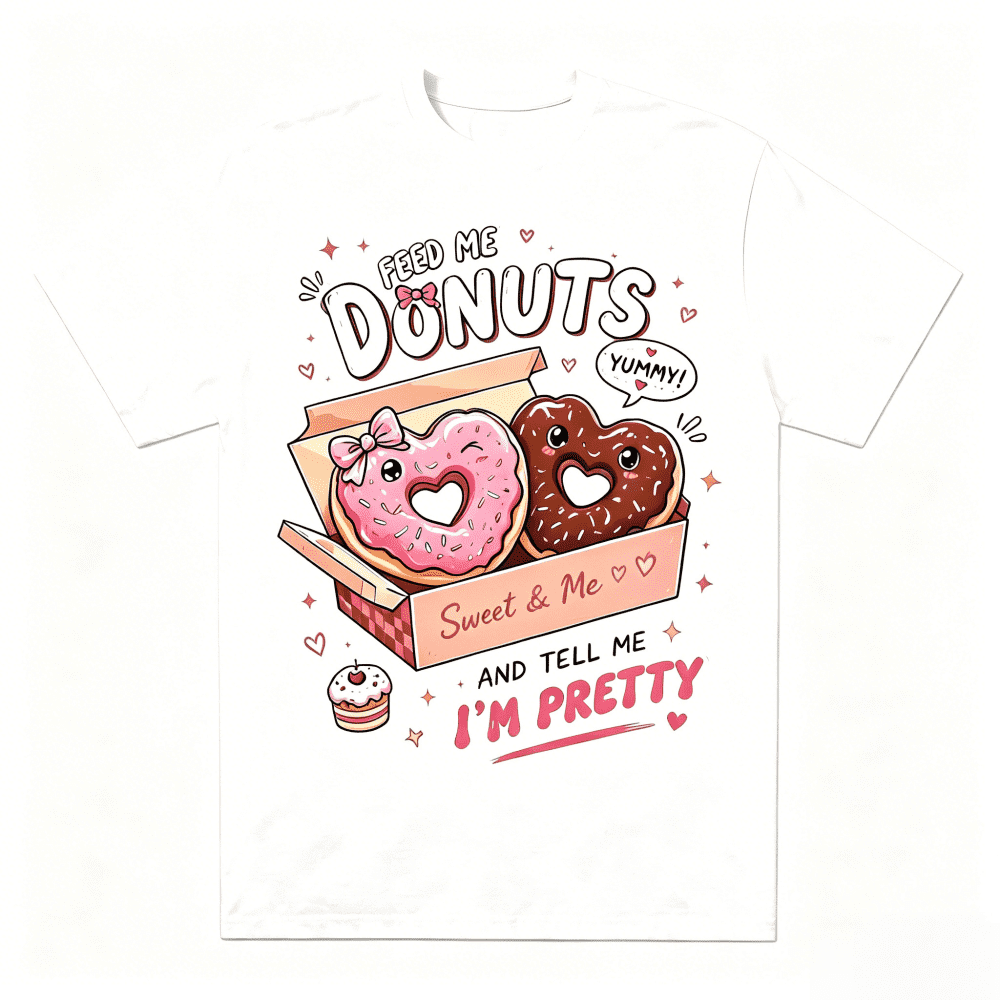 Women Feed Me Donuts And Tell Me I'm Pretty Graphic Crew Neck T-Shirt, Cute Heart Donut Box Mini Cake Funny Sweet Food Casual Short Sleeve Tee