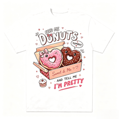 Women Feed Me Donuts And Tell Me I'm Pretty Graphic Crew Neck T-Shirt, Cute Heart Donut Box Mini Cake Funny Sweet Food Casual Short Sleeve Tee