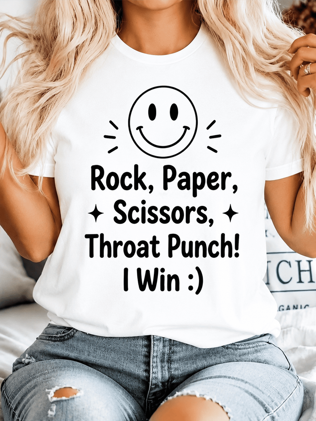 Women Funny Rock Paper Scissors Throat Punch I Win Graphic T-Shirt, Retro Smile Face Sarcastic Humor Short Sleeve Casual Tee