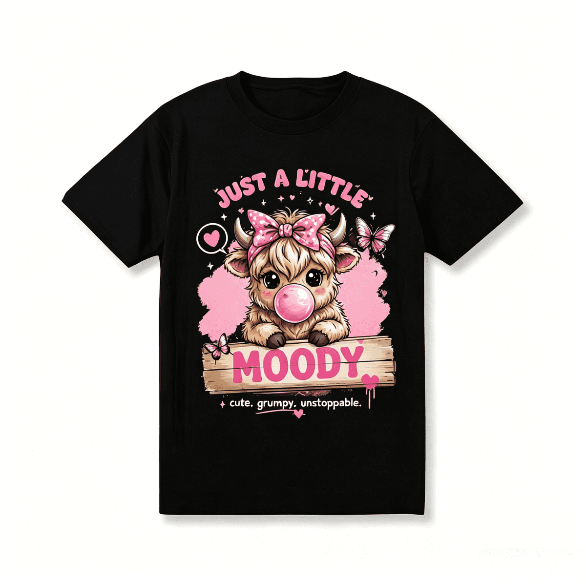 Women Just A Little Moody Highland Cow Graphic Crew Neck T-Shirt, Cute Baby Cow Pink Bow Bubblegum Butterfly Casual Short Sleeve Tee
