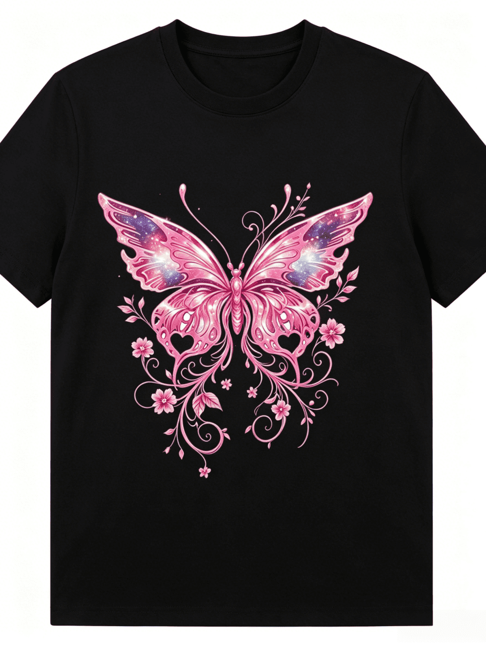 Women Pink Galaxy Butterfly Floral Graphic Crew Neck T-Shirt, Sparkly Cosmic Star Butterfly Vine Flower Casual Short Sleeve Tee