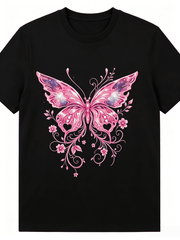 Women Pink Galaxy Butterfly Floral Graphic Crew Neck T-Shirt, Sparkly Cosmic Star Butterfly Vine Flower Casual Short Sleeve Tee