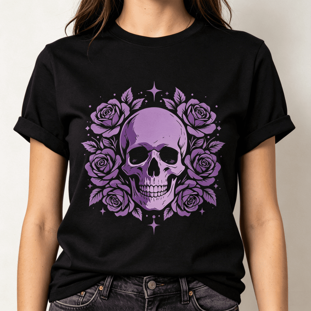 Women Purple Skull Purple Roses Graphic T-Shirt, Crew Neck Short Sleeve Gothic Floral Tee, Dark Aesthetic Star Print Casual Top for Summer Halloween Daily Wear