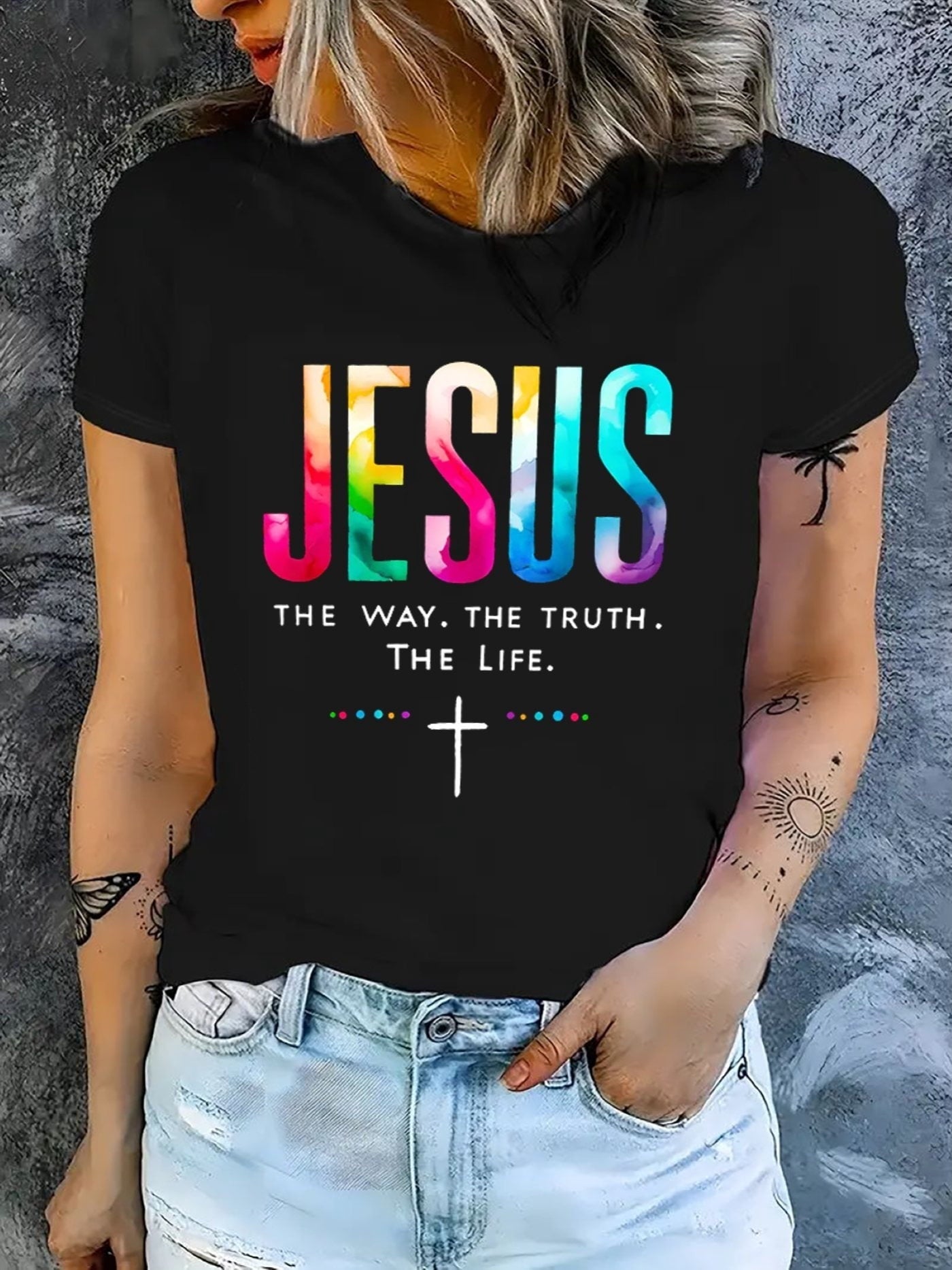 Women Religious Belief Printed T‑Shirt, Vibrant Jesus Quote Cross Graphic Crew Neck Short Sleeve Everyday Top