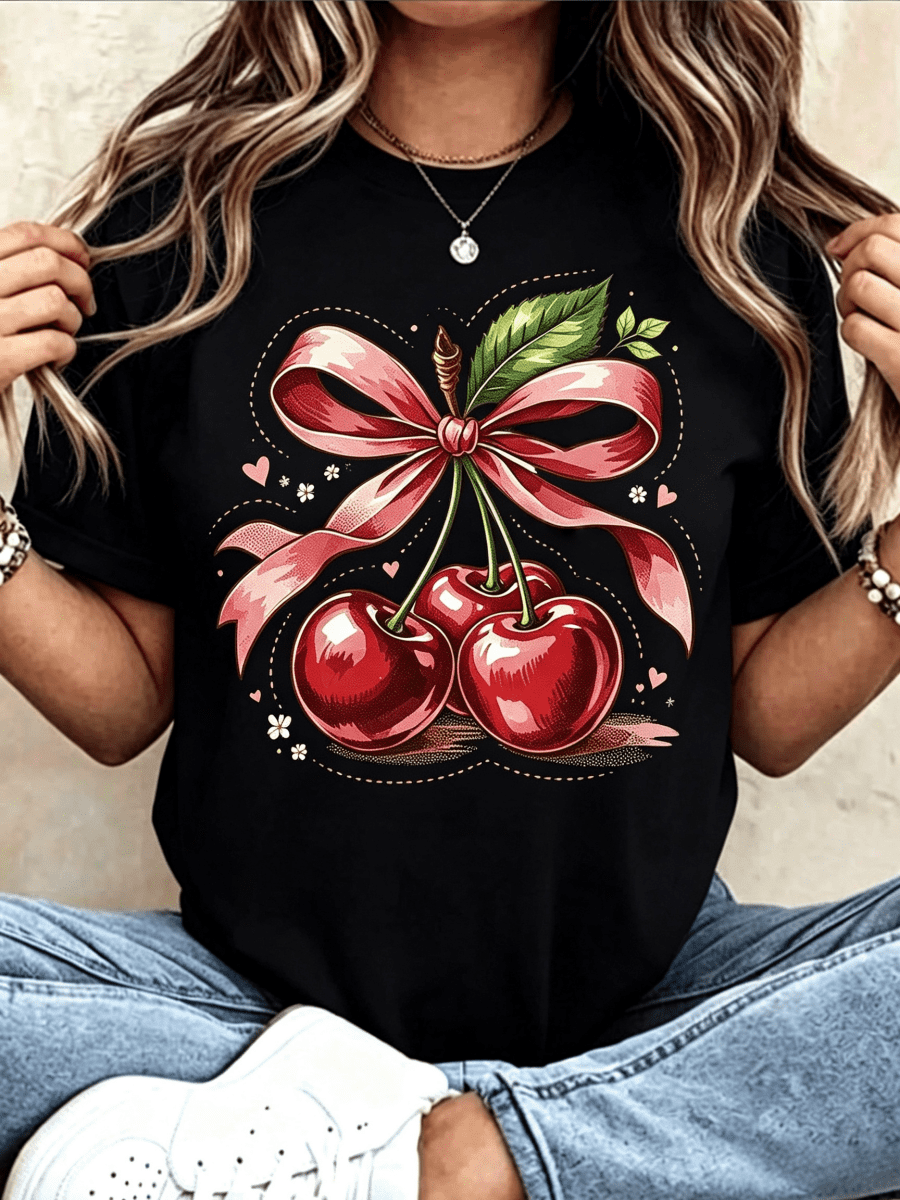 Women Round Neck T Shirt Cherry With Red Ribbon Print Short Sleeve Casual Summer Outfit