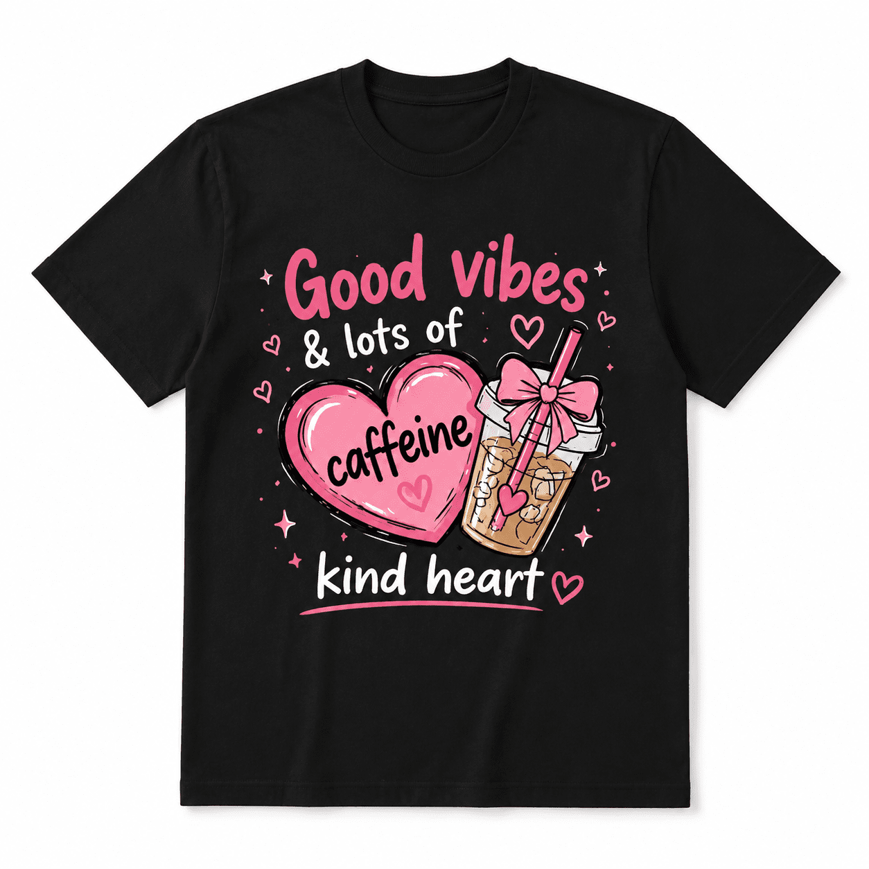 Women Soft Crew Neck Short Sleeve Cotton T-Shirt, Good Vibes & Lots Of Caffeine Kind Heart Cute Pink Heart Bow Iced Coffee Cup Positive Graphic Relaxed Fit Daily Coffee Lover Tee