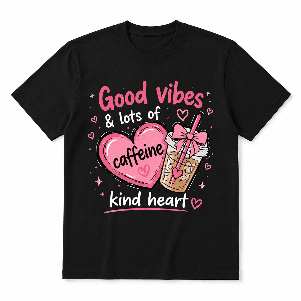Women Soft Crew Neck Short Sleeve Cotton T-Shirt, Good Vibes & Lots Of Caffeine Kind Heart Cute Pink Heart Bow Iced Coffee Cup Positive Graphic Relaxed Fit Daily Coffee Lover Tee