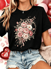 Women Soft Crew Neck Short Sleeve Cotton T-Shirt, Vintage Circular Wreath Blush Pink Rose Peony Bouquet With Pink Ribbon Bow Butterfly Floral Graphic Relaxed Fit Daily Tee