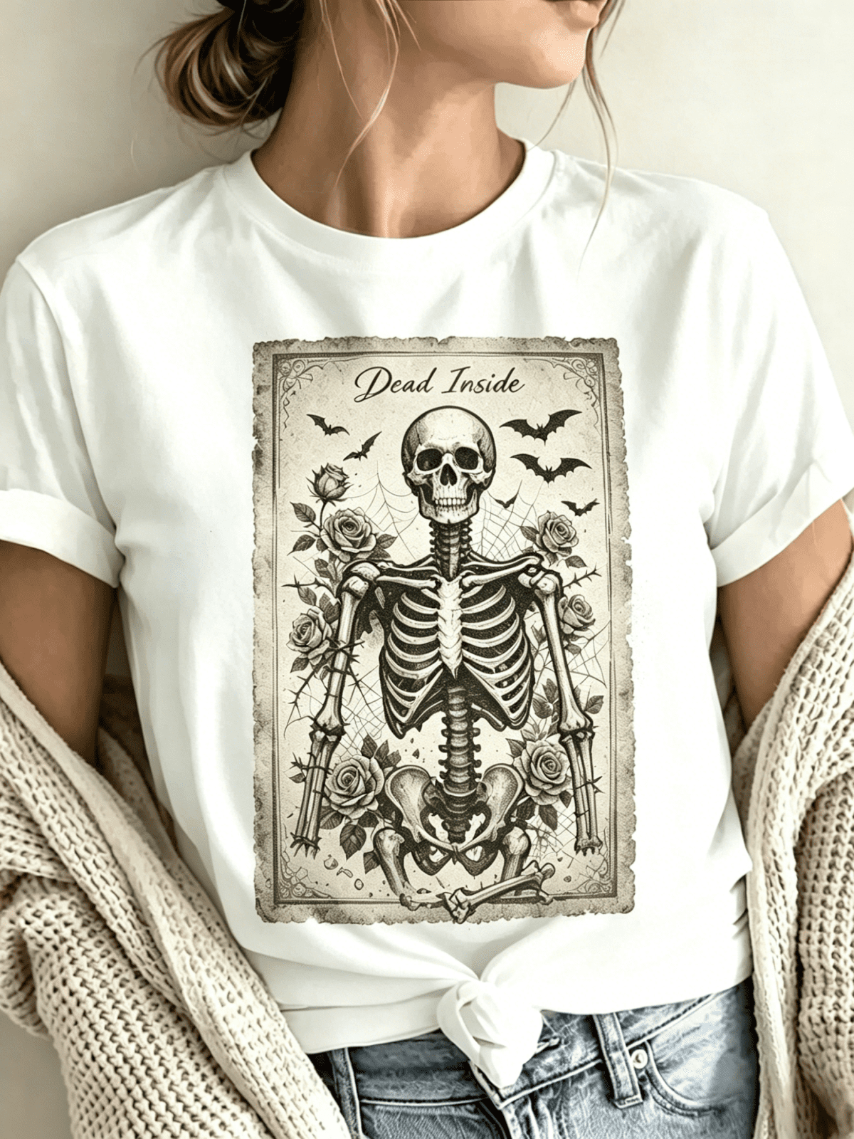 Women Soft Crew Neck Short Sleeve Cotton T-Shirt, Vintage Distressed Frame Dead Inside Skeleton Rose Bat Spider Web Gothic Graphic Relaxed Fit Daily Tee