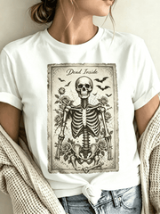 Women Soft Crew Neck Short Sleeve Cotton T-Shirt, Vintage Distressed Frame Dead Inside Skeleton Rose Bat Spider Web Gothic Graphic Relaxed Fit Daily Tee