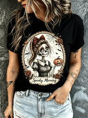 Women Soft Crew Neck Short Sleeve Cotton T-Shirt, Vintage Lace Oval Frame Spooky Morning Messy Bun Girl Skeleton Holding Jack-o-Lantern Bat Rose Spider Web Halloween Graphic Relaxed Fit Casual Tee