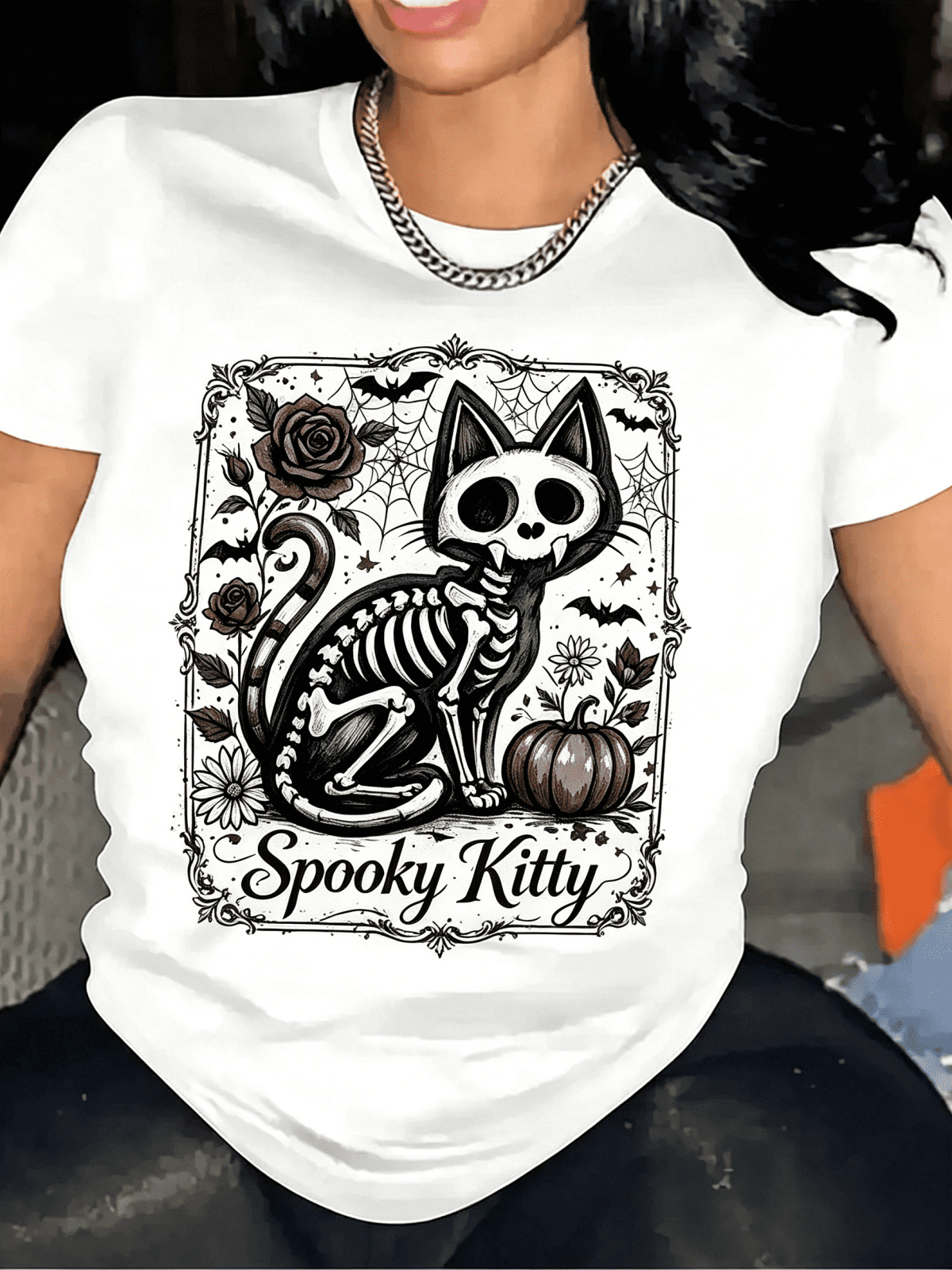 Women Soft Crew Neck Short Sleeve Cotton T-Shirt, Vintage Ornate Frame Spooky Kitty Skeleton Cat Pumpkin Bat Rose Spider Web Halloween Graphic Relaxed Fit Daily Tee