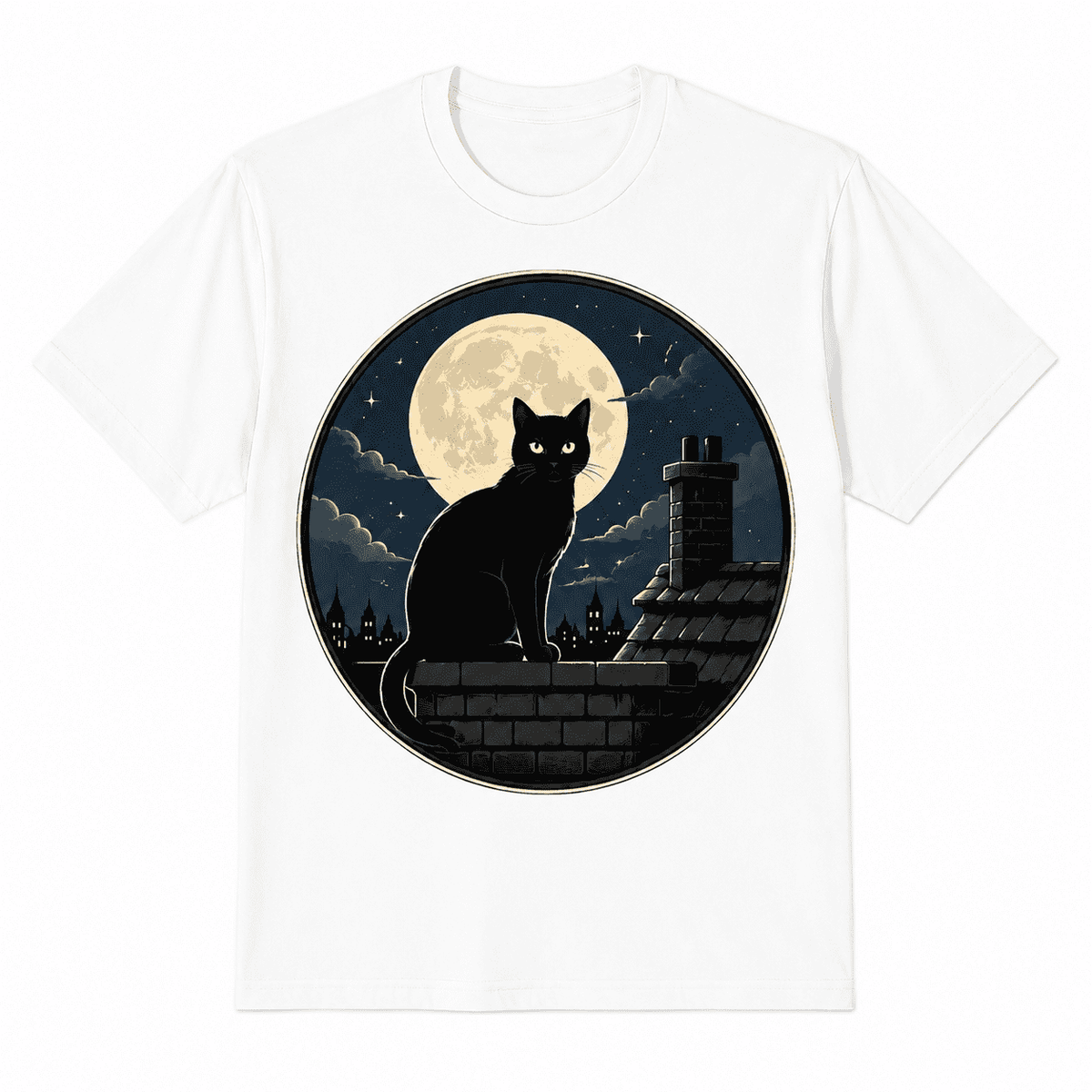 Women Soft Crew Neck Short Sleeve Cotton T-Shirt, Vintage Round Frame Black Cat On Brick Rooftop Big Full Moon Starry Night Old Town Building Gothic Graphic Relaxed Fit Daily Tee