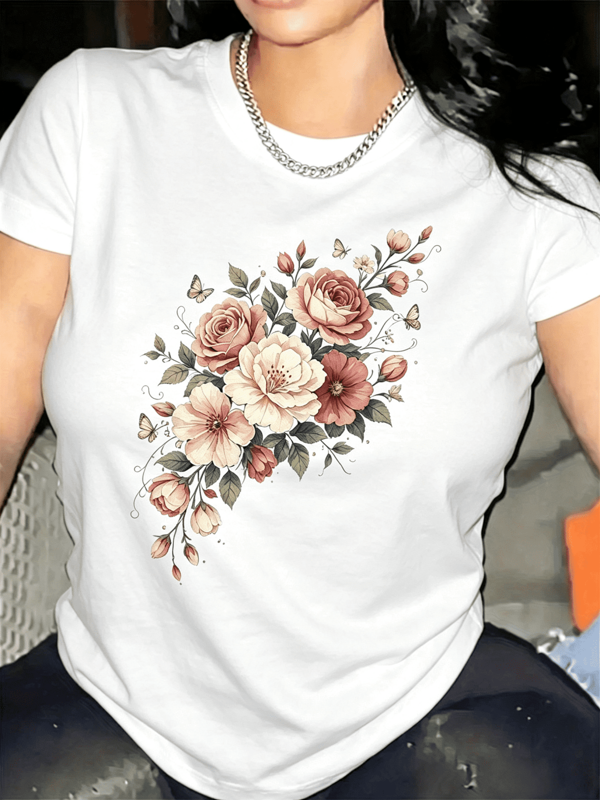 Women Soft Crew Neck Short Sleeve Cotton T-Shirt, Watercolor Blush Pink Rose Peony Bouquet Butterfly Floral Graphic Relaxed Fit Casual Daily Tee