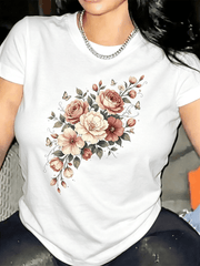 Women Soft Crew Neck Short Sleeve Cotton T-Shirt, Watercolor Blush Pink Rose Peony Bouquet Butterfly Floral Graphic Relaxed Fit Casual Daily Tee