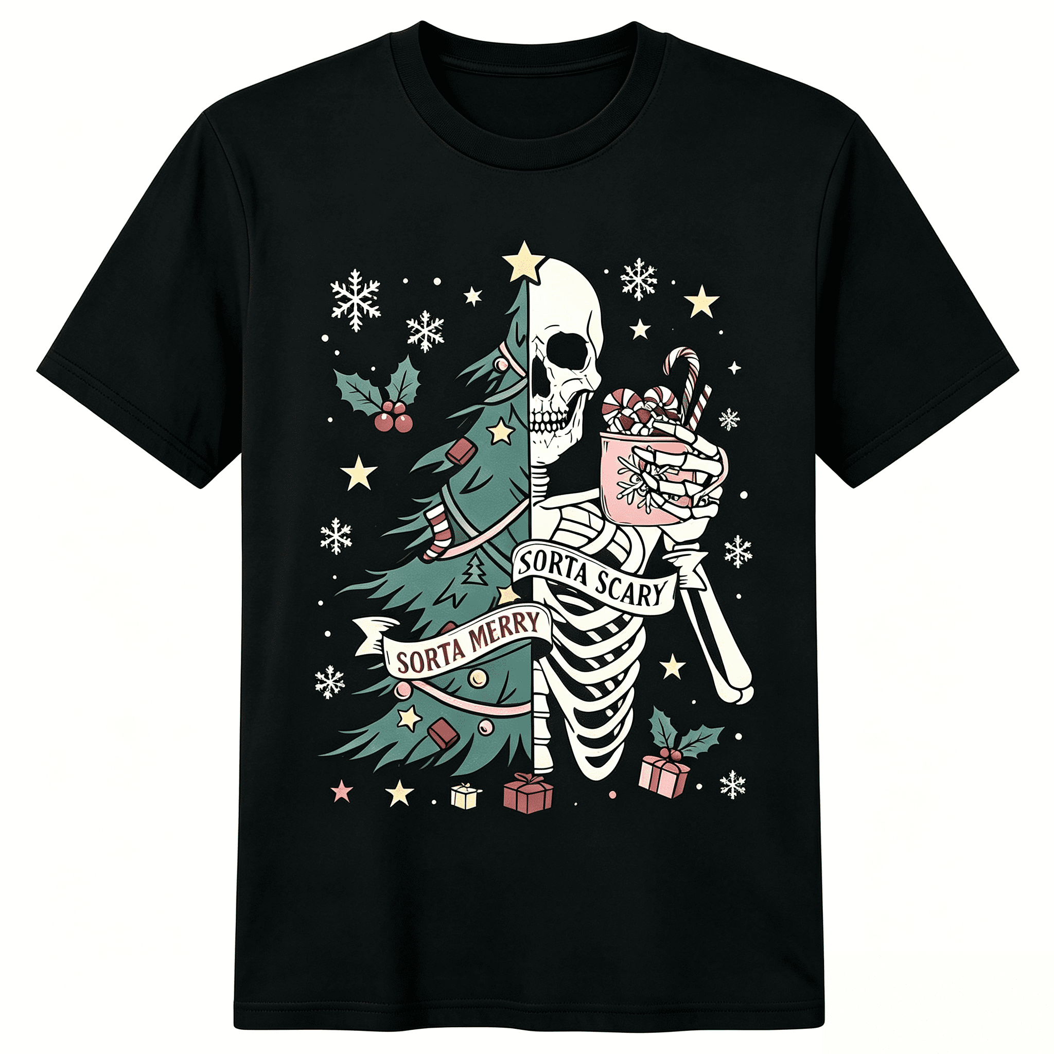 Women Spooky Holiday Graphic T‑Shirt, Sorta Merry Sorta Scary Skeleton Christmas Casual Short Sleeve Top