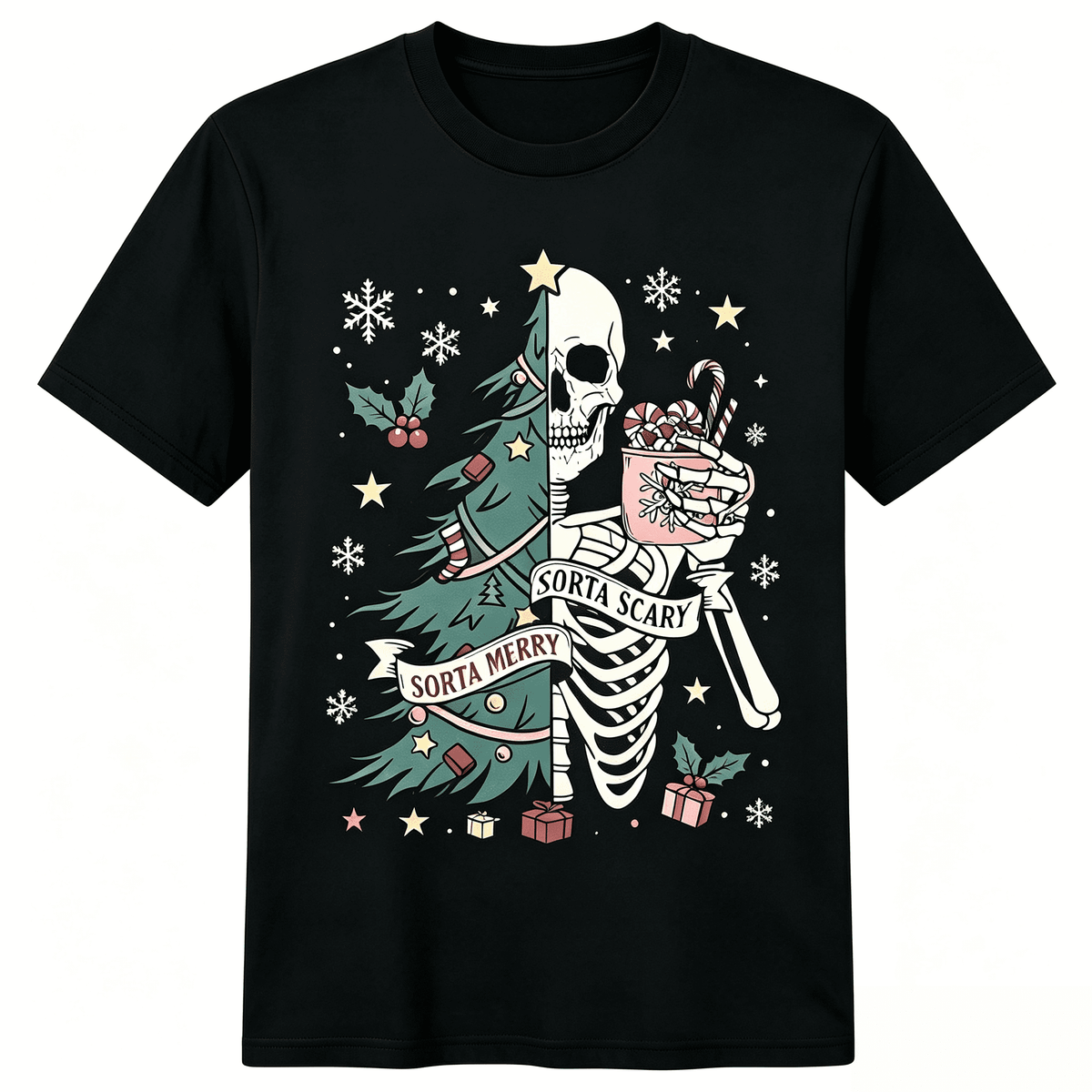 Women Spooky Holiday Graphic T‑Shirt, Sorta Merry Sorta Scary Skeleton Christmas Casual Short Sleeve Top