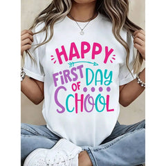 Women T Shirt Happy First Day Of School Graphic Print Casual Top For Back To School Season