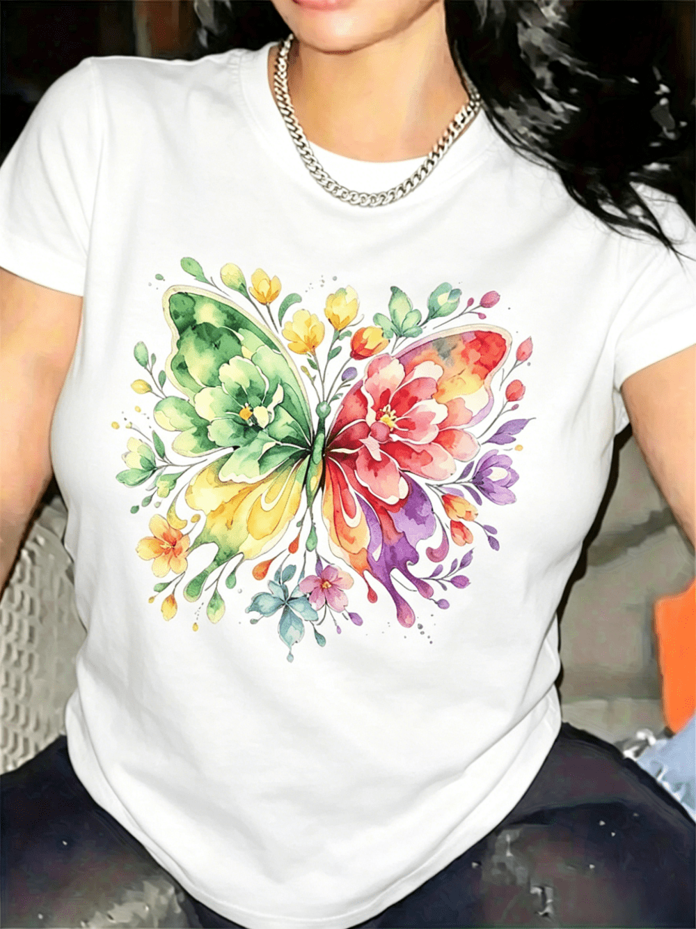 Women Watercolor Floral Butterfly Graphic Crew Neck T-Shirt, Vibrant Rainbow Flower Butterfly Print Casual Short Sleeve Summer Tee