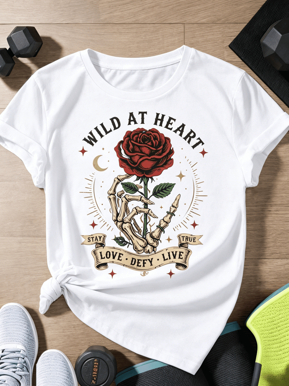 Women Wild At Heart Skeleton Hand Red Rose Graphic T-Shirt, Crew Neck Short Sleeve Vintage Gothic Tee, Stay True Love Defy Live Slogan Casual Top for Summer Daily Festival