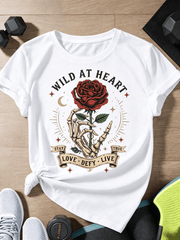 Women Wild At Heart Skeleton Hand Red Rose Graphic T-Shirt, Crew Neck Short Sleeve Vintage Gothic Tee, Stay True Love Defy Live Slogan Casual Top for Summer Daily Festival
