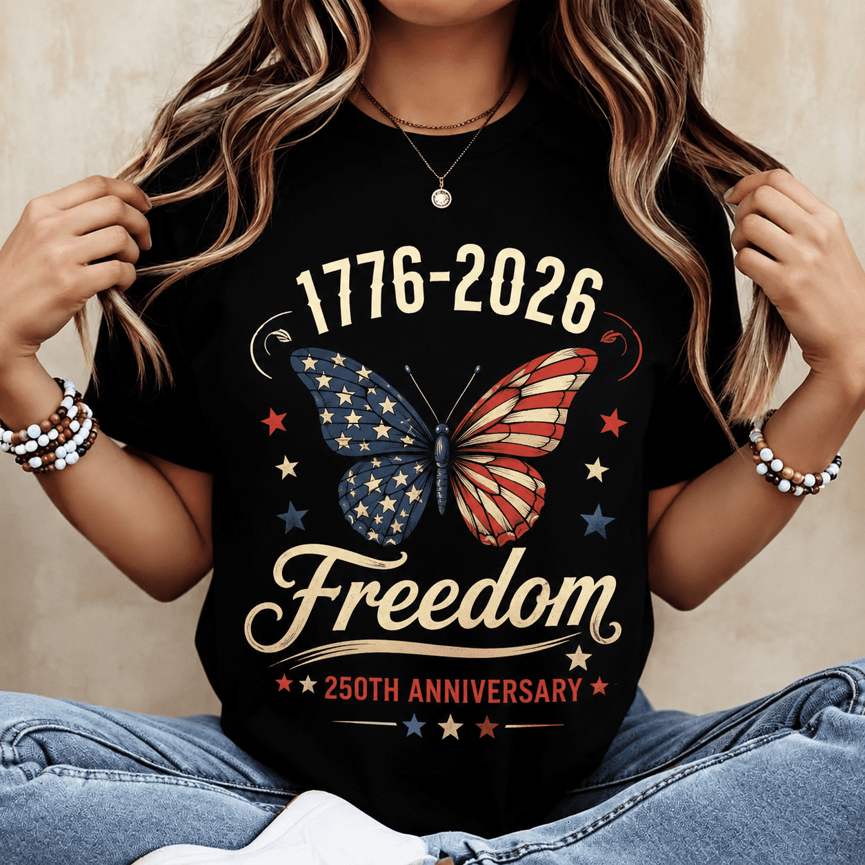 Women's 1776-2026 Freedom Graphic T-Shirt, America 250th Anniversary Patriotic Butterfly Short Sleeve Tee