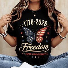 Women's 1776-2026 Freedom Graphic T-Shirt, America 250th Anniversary Patriotic Butterfly Short Sleeve Tee