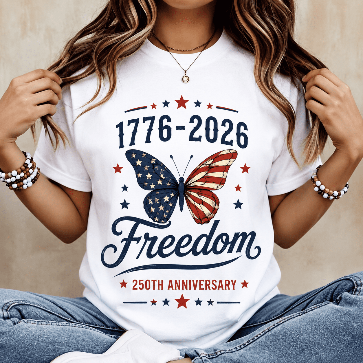 Women's 1776-2026 Freedom Graphic T-Shirt, America 250th Anniversary Patriotic Butterfly Short Sleeve Tee