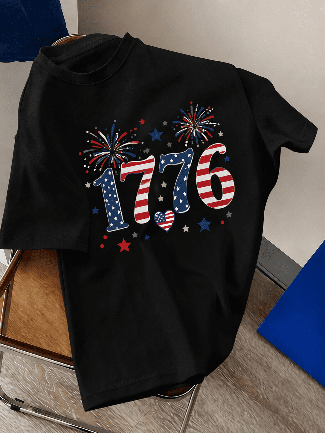 Women's 1776 Patriotic Graphic T-Shirt, American Flag Fireworks Independence Day Short Sleeve Tee