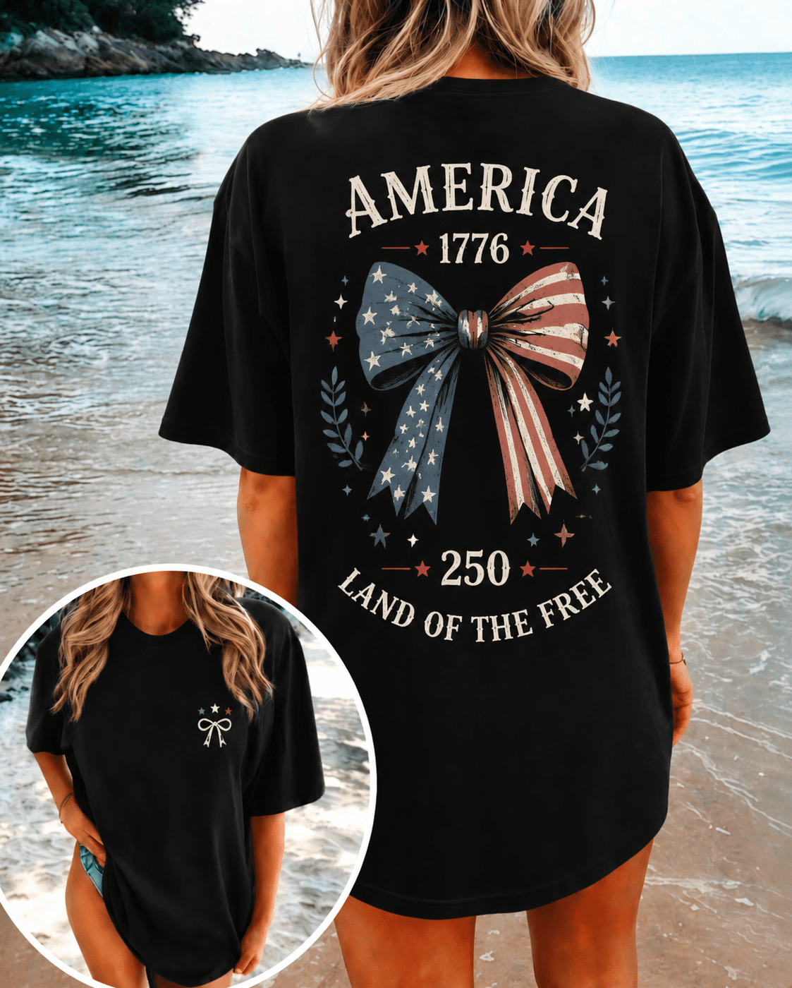 Women’s American Flag Bow Graphic T-Shirt 1776 Patriotic Summer Casual Tee