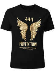 Women's Angel Number 444 Protection Golden Angel Wings Graphic Crew Neck T-Shirt Casual Short Sleeve Top